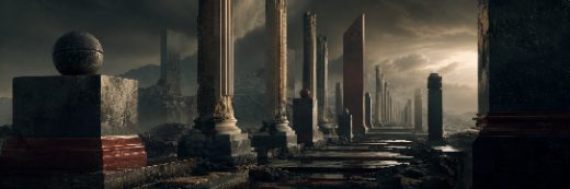 Monumental corridor of marble columns and a red monolith