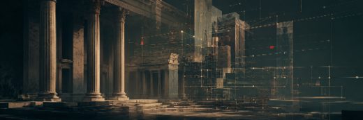 Classical architecture overlaid with a luminous network grid