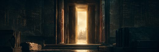 An open doorway opening onto warm light over a distant city
