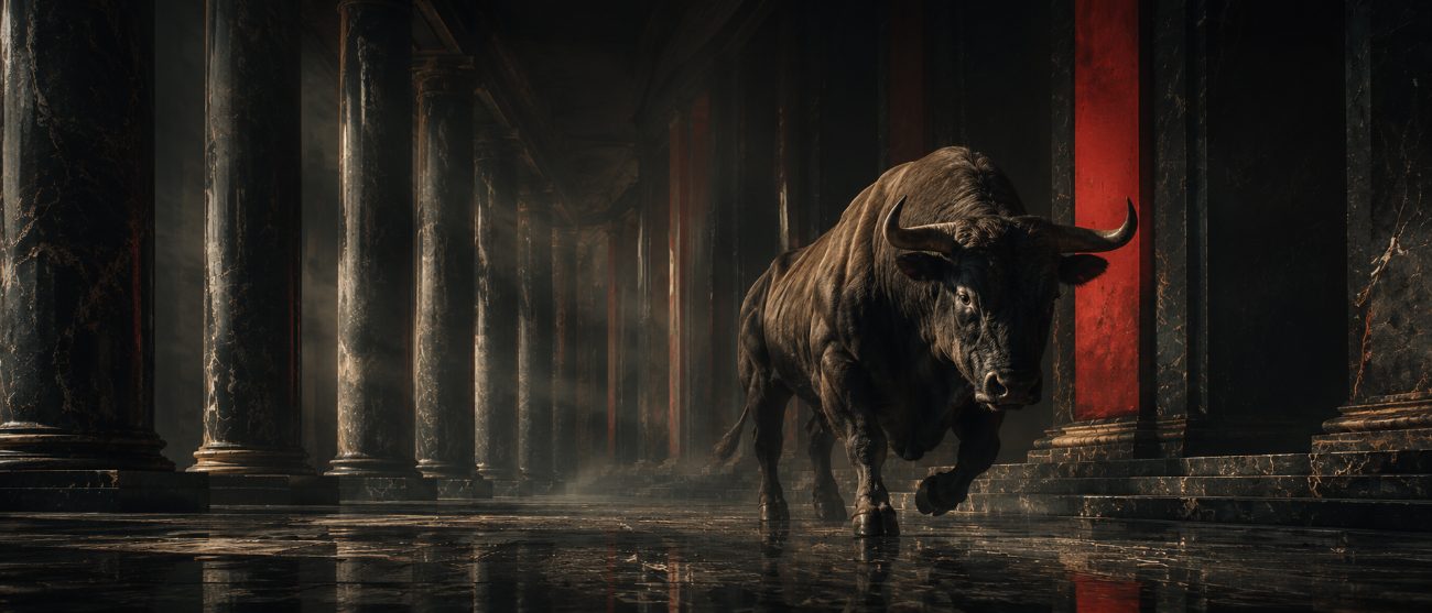A bull striding through a marble colonnade