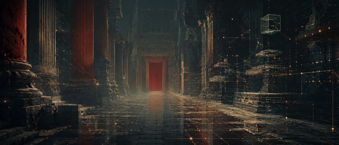Classical columns interwoven with a digital network
