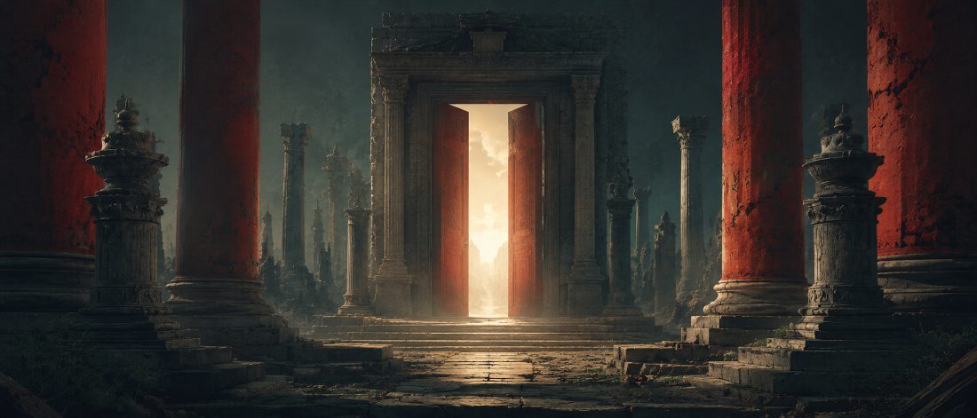 A warm-lit doorway in dark stone architecture