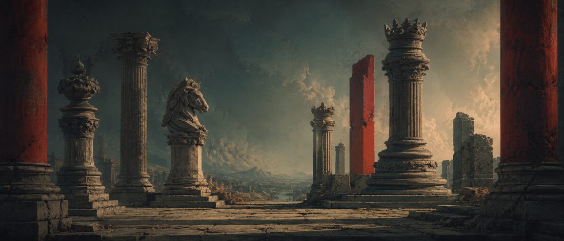 Ancient columns and monoliths under a heavy sky