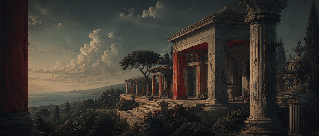 A villa above the water seen between stone columns