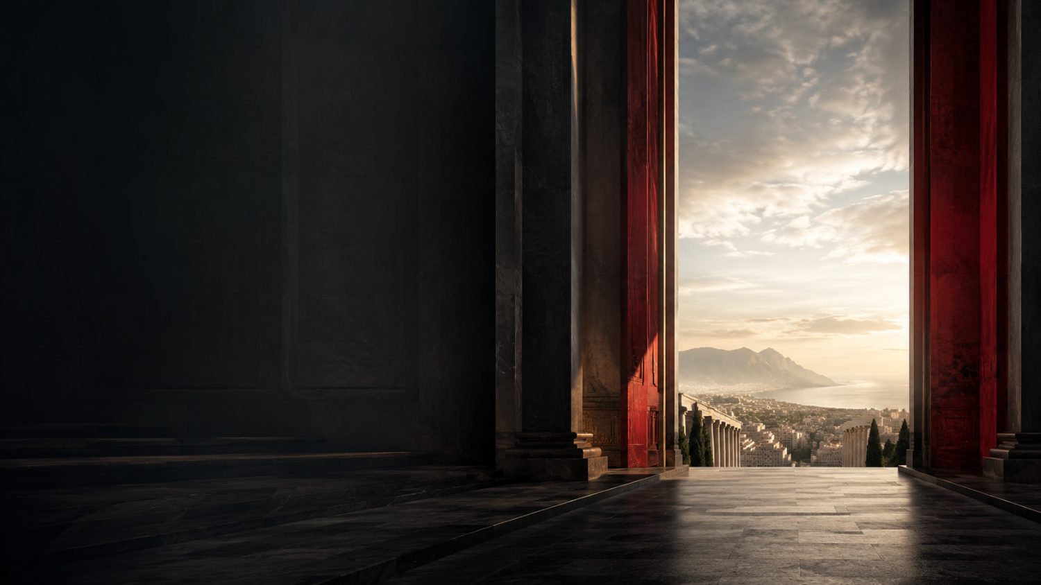 A dark colonnade opening to a sunlit coastal city beyond